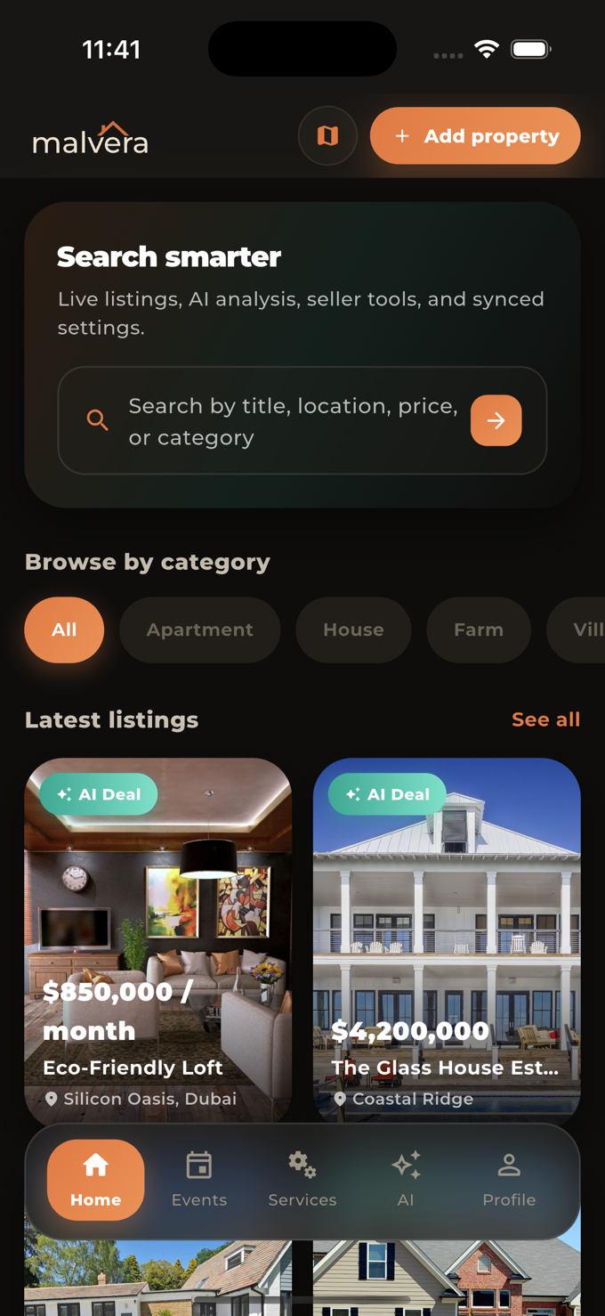 Malvera app showing property search and live listings in dark mode